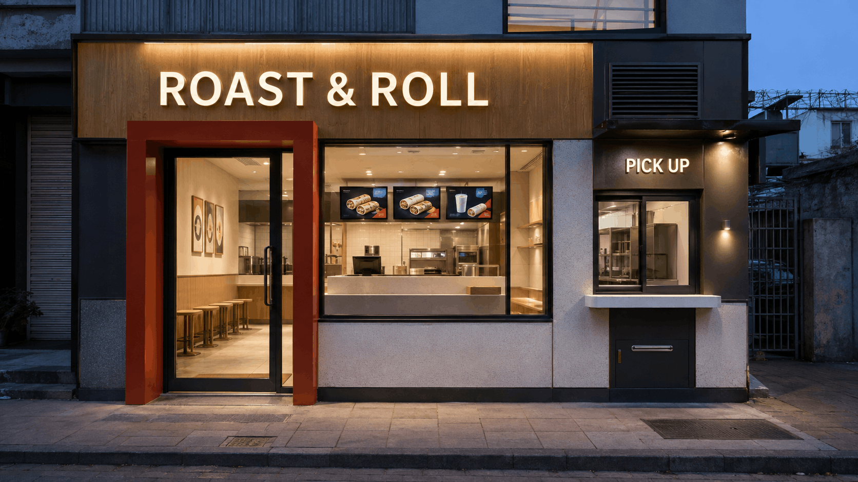 QSR storefront at dusk reading ROAST & ROLL in bold illuminated channel letters, with a red-framed entrance and a separate pick-up window